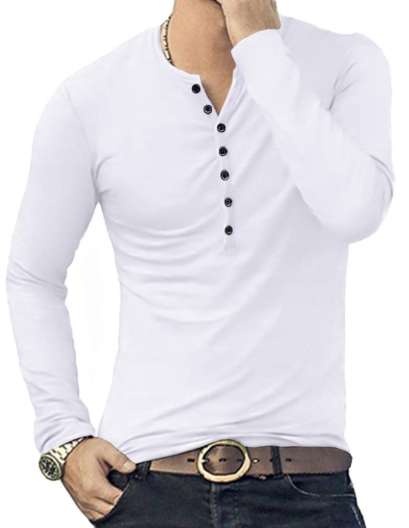 YTD Mens Casual Slim Fit Basic Henley Long Sleeve Fashion T-Shirt M White - Image 4